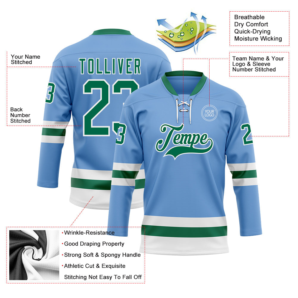 Custom Light Blue Kelly Green-White Hockey Lace Neck Jersey view 3