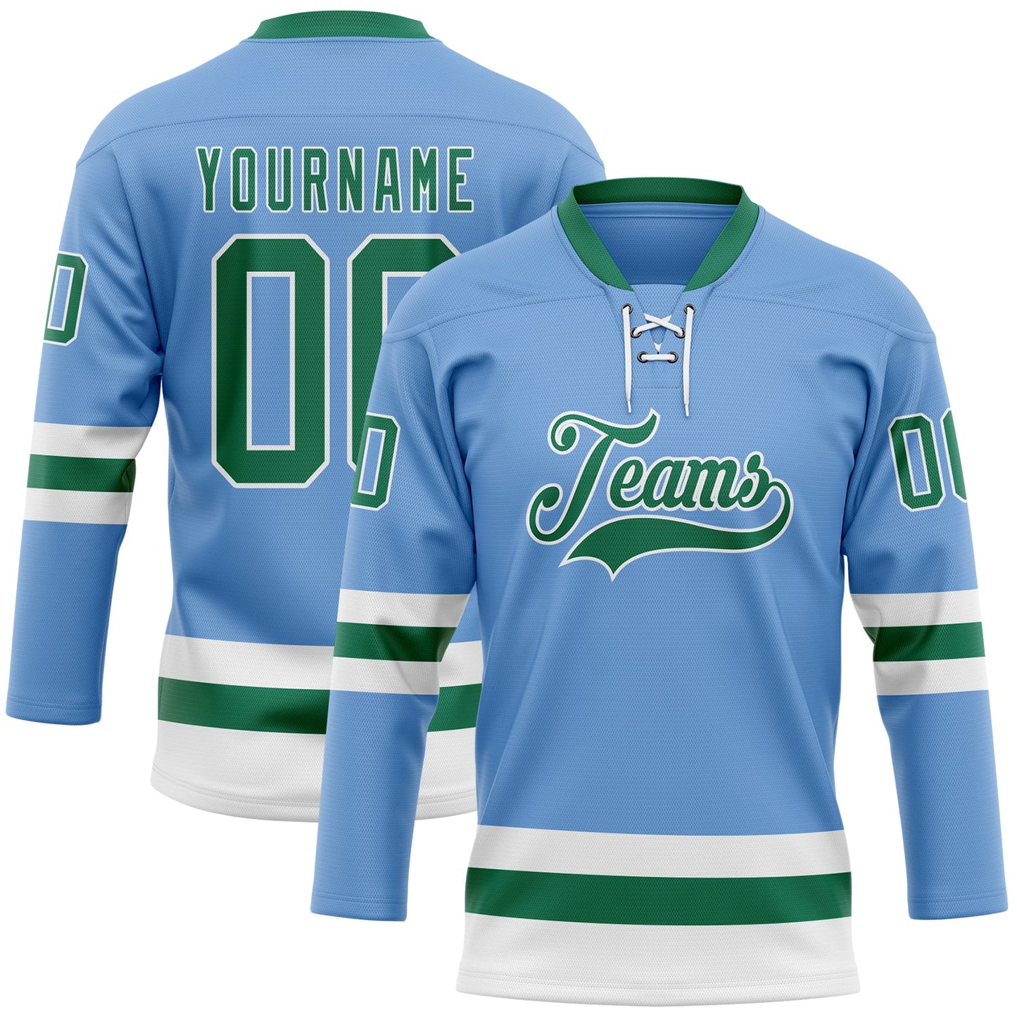 Custom Light Blue Kelly Green-White Hockey Lace Neck Jersey - Main View