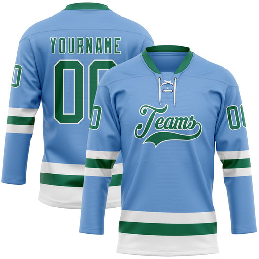 Custom Light Blue Kelly Green-White Hockey Lace Neck Jersey - Main View
