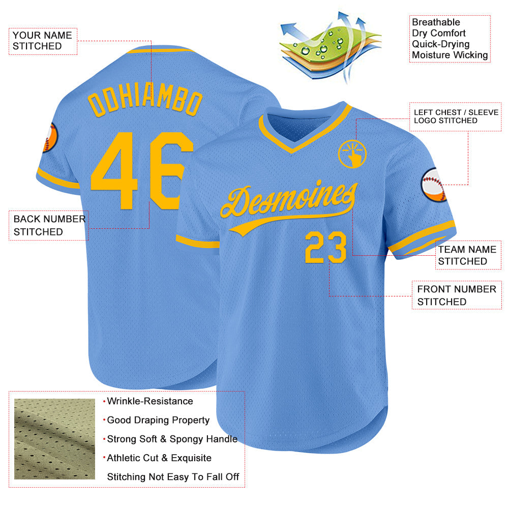 Custom Light Blue Gold Authentic Throwback Baseball Jersey view 3