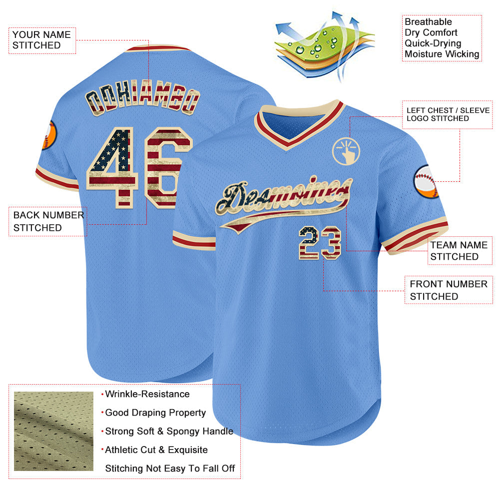 Custom Light Blue Vintage USA Flag Cream-Red Authentic Throwback Baseball Jersey view 3