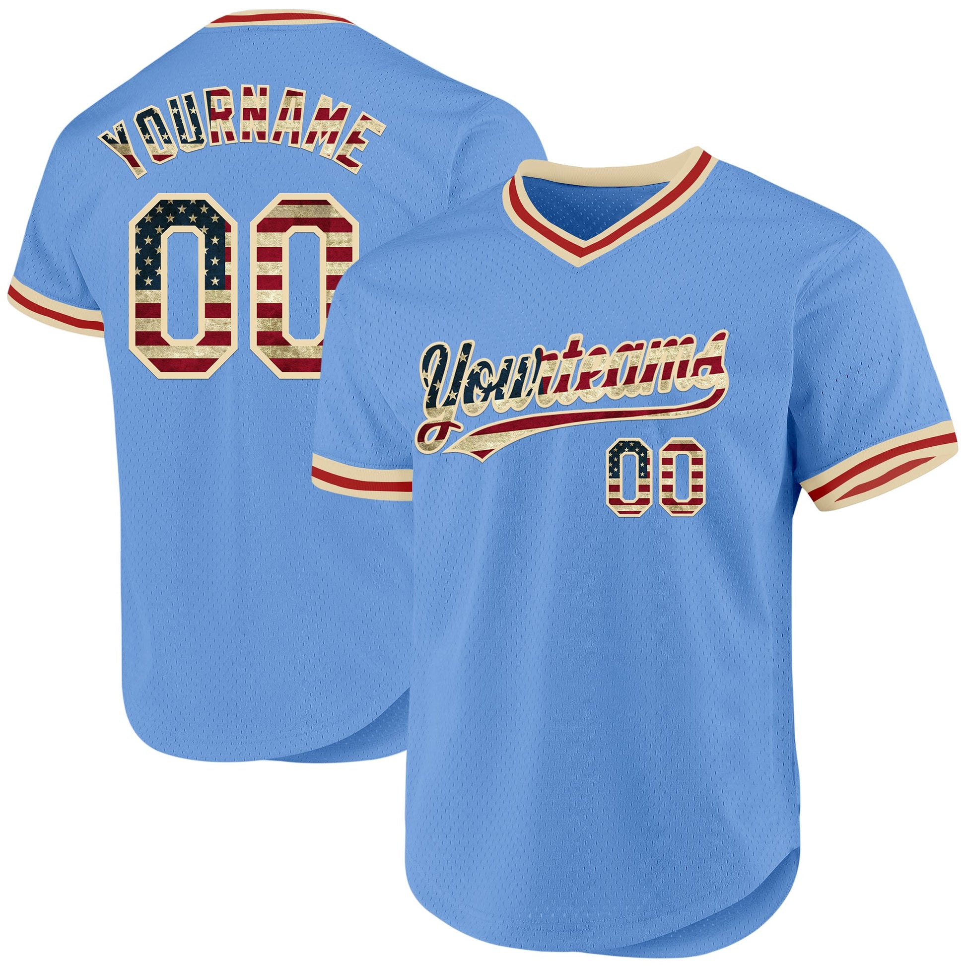 Custom Light Blue Vintage USA Flag Cream-Red Authentic Throwback Baseball Jersey - Main View