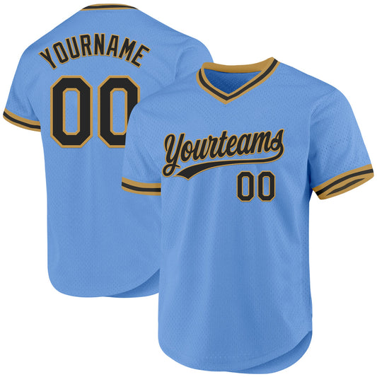 Custom Light Blue Black-Old Gold Authentic Throwback Baseball Jersey - Main View