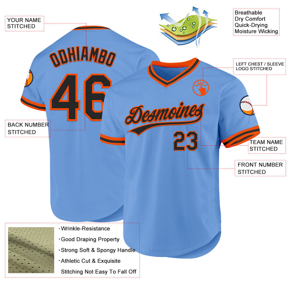 Custom Light Blue Black-Orange Authentic Throwback Baseball Jersey view 3