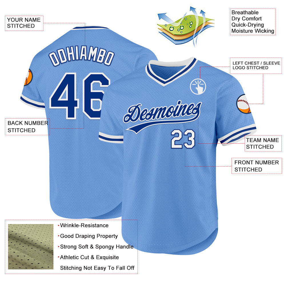 Custom Light Blue Royal-White Authentic Throwback Baseball Jersey view 3
