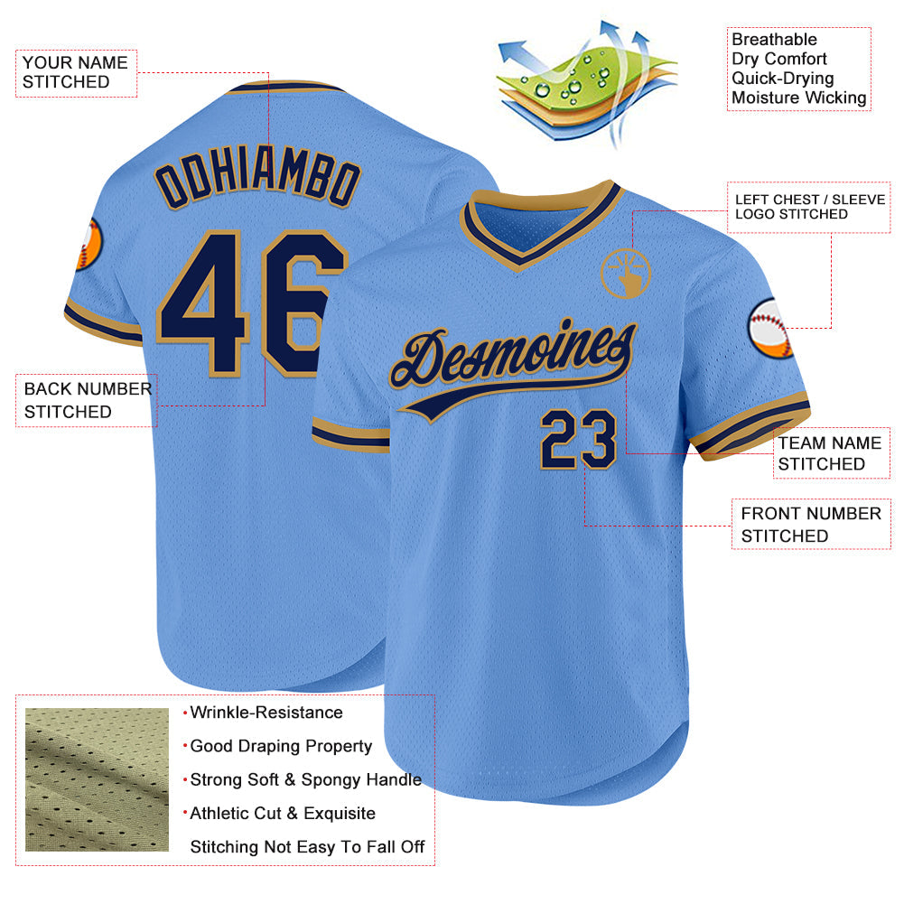 Custom Light Blue Navy-Old Gold Authentic Throwback Baseball Jersey view 3
