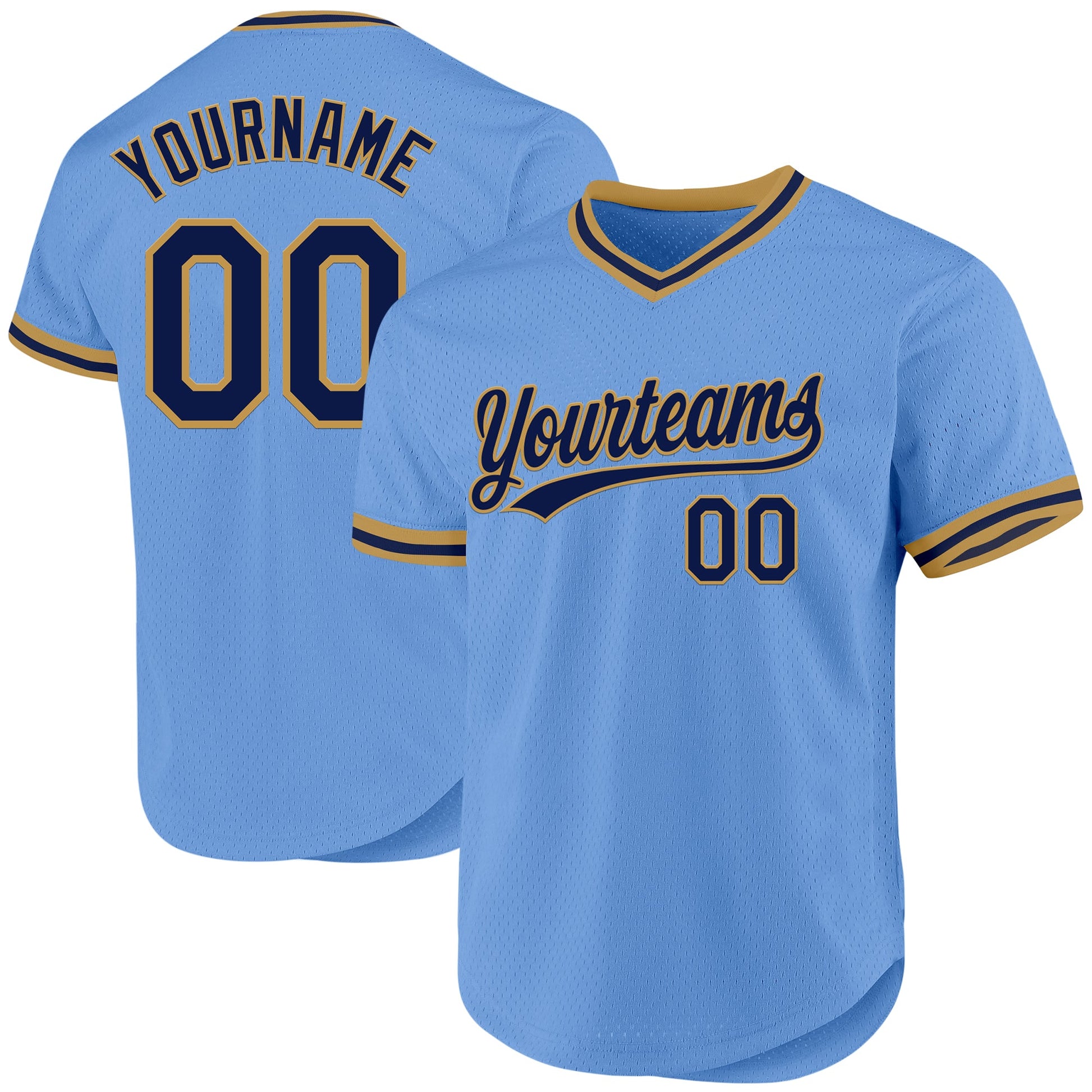 Custom Light Blue Navy-Old Gold Authentic Throwback Baseball Jersey - Main View
