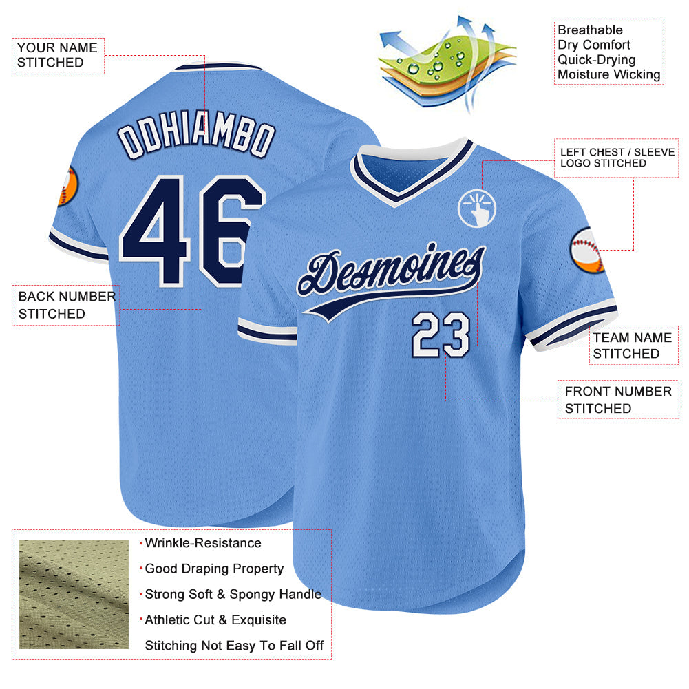 Custom Light Blue Navy-White Authentic Throwback Baseball Jersey view 3