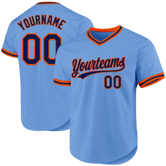 Custom Light Blue Navy-Orange Authentic Throwback Baseball Jersey - Main View