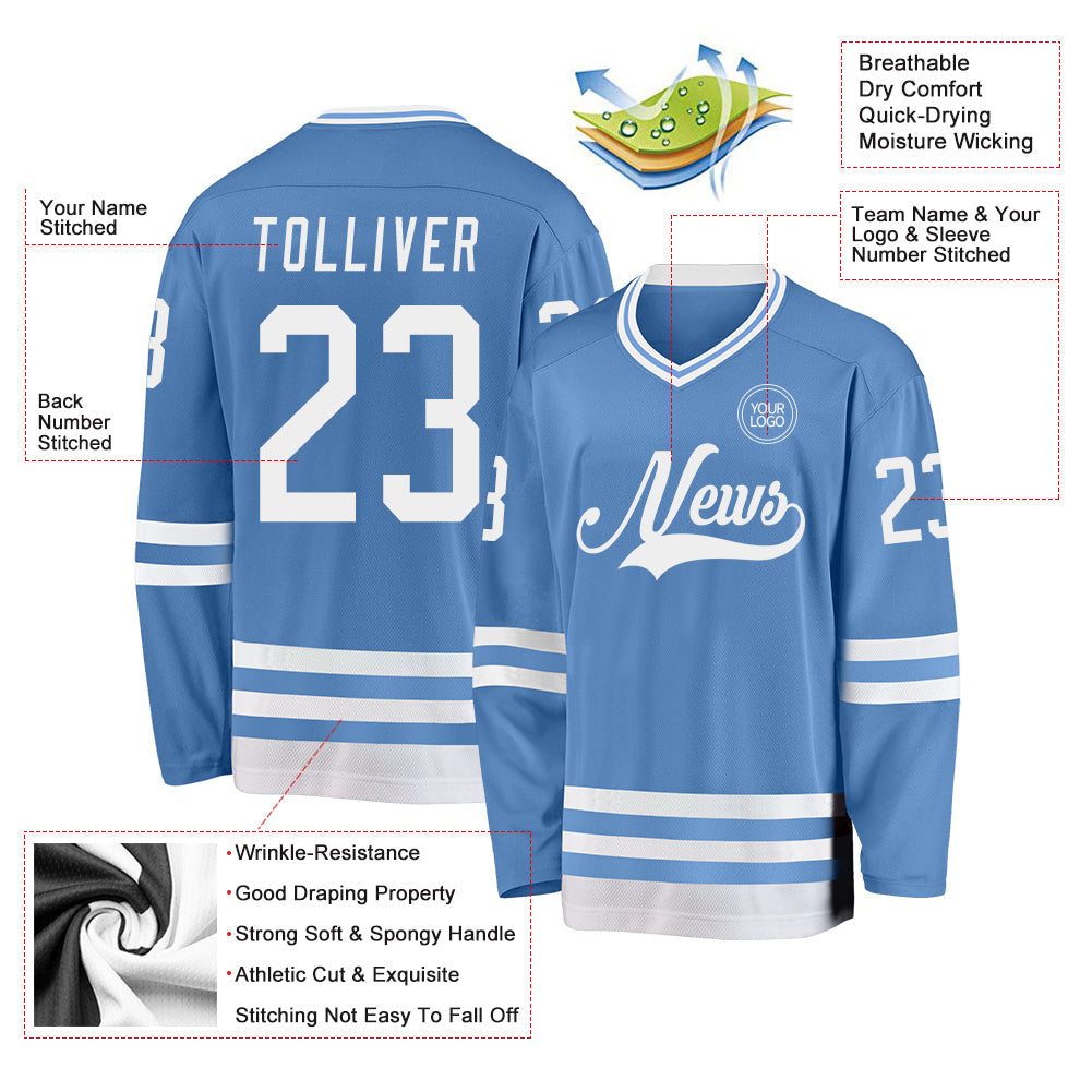 Custom Light Blue White Hockey Jersey view 3