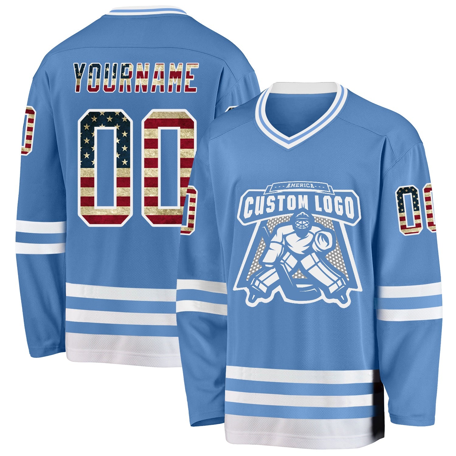 Custom Light Blue Vintage USA Flag-White Hockey Jersey view 2