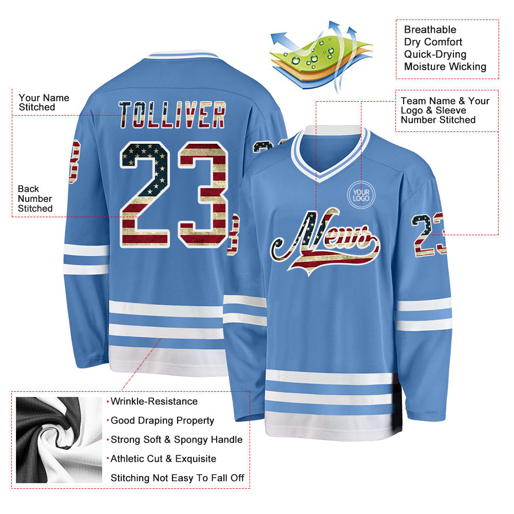 Custom Light Blue Vintage USA Flag-White Hockey Jersey view 3