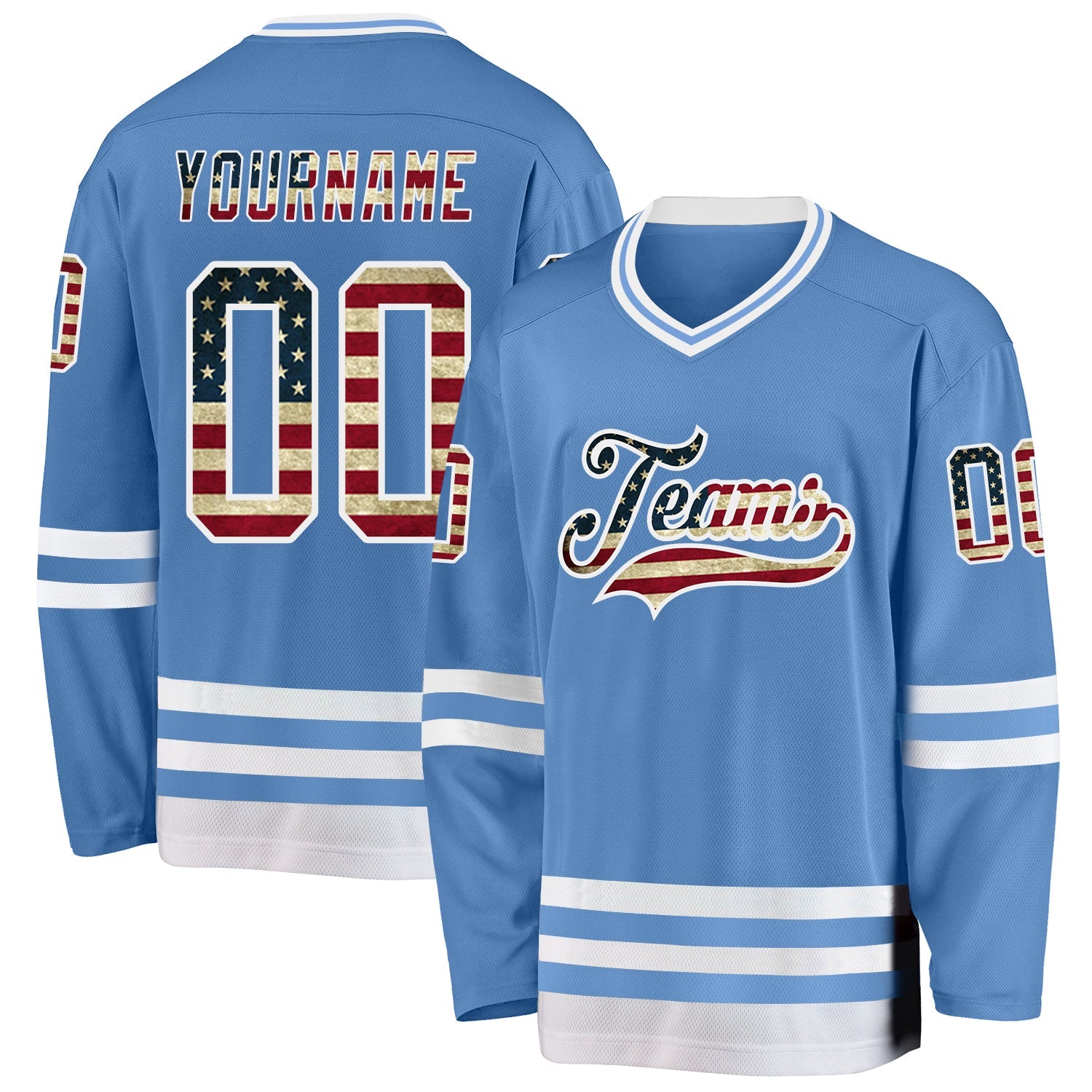 Custom Light Blue Vintage USA Flag-White Hockey Jersey - Main View