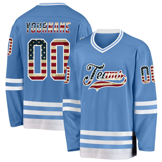 Custom Light Blue Vintage USA Flag-White Hockey Jersey - Main View