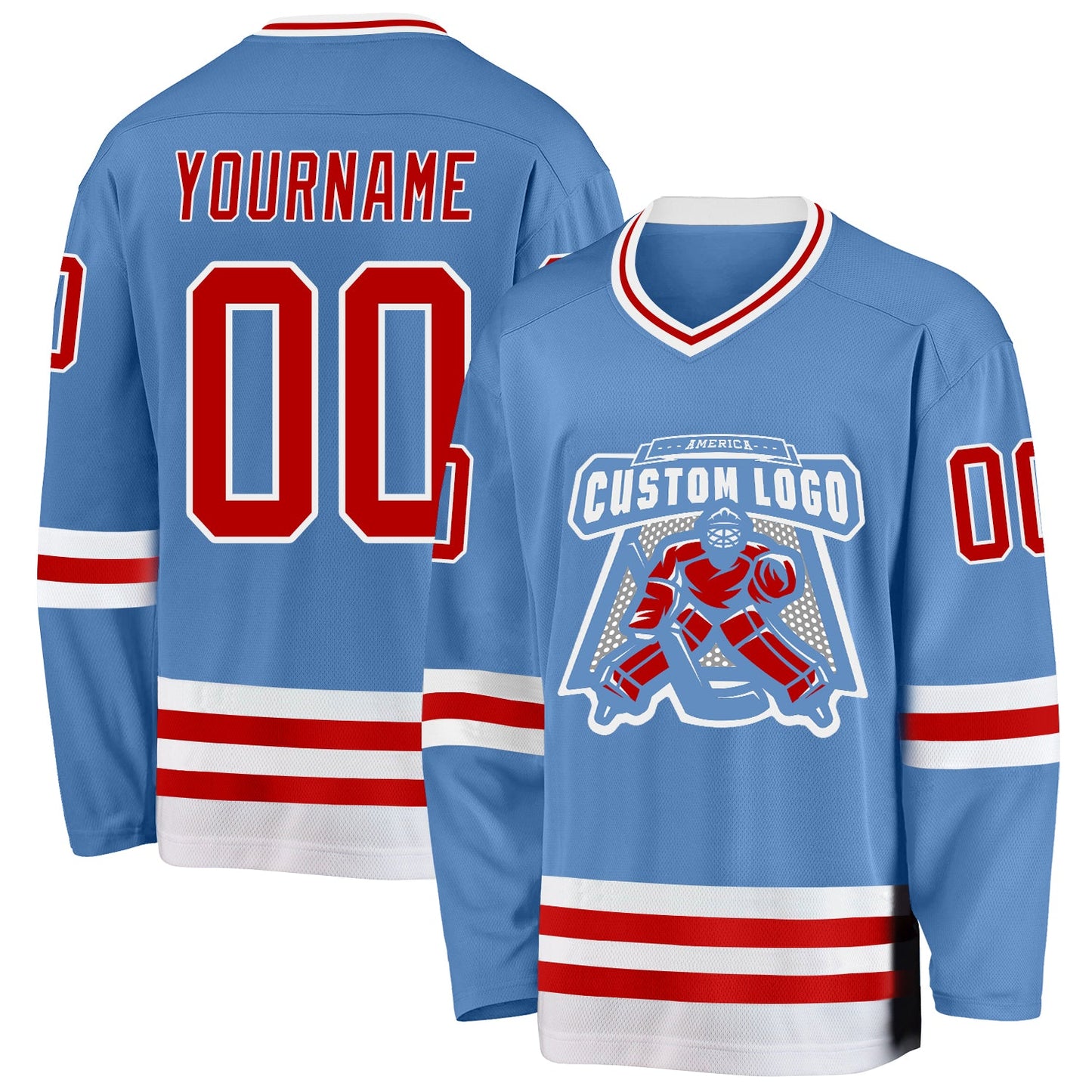 Custom Light Blue Red-White Hockey Jersey view 2