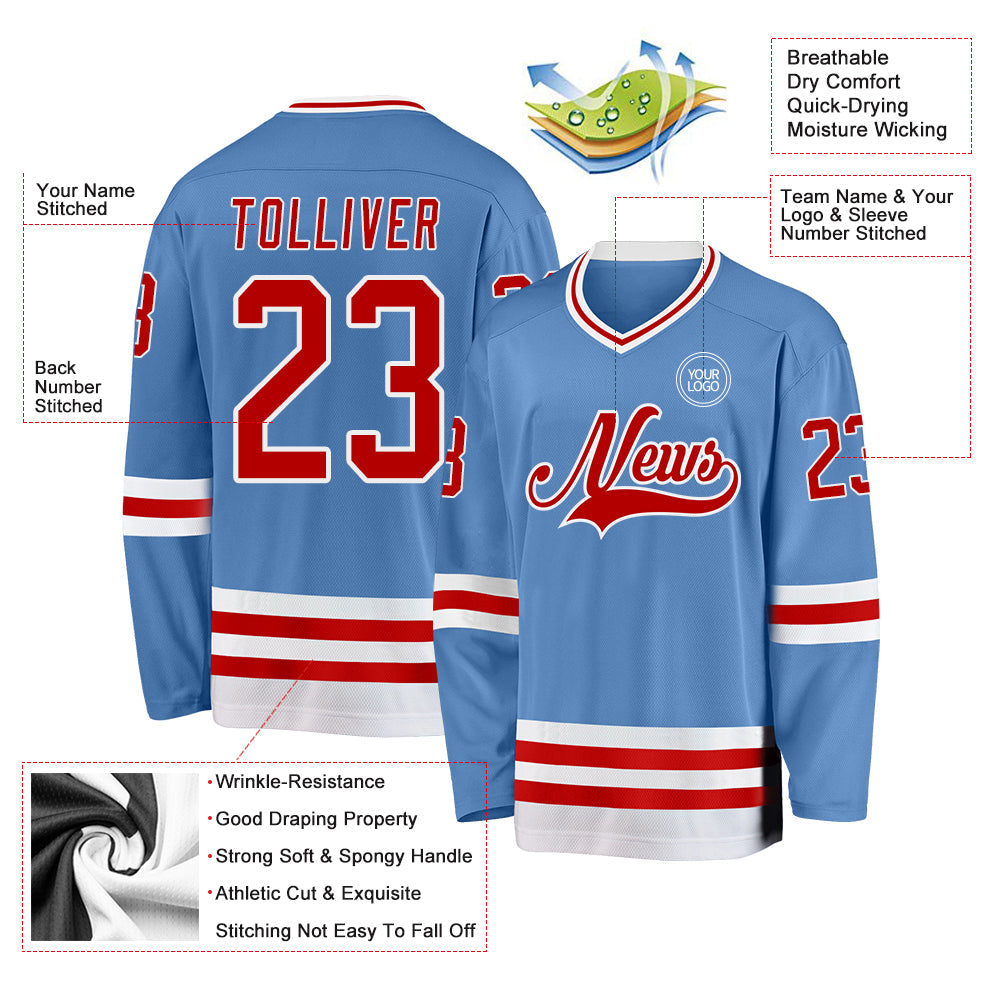 Custom Light Blue Red-White Hockey Jersey view 3