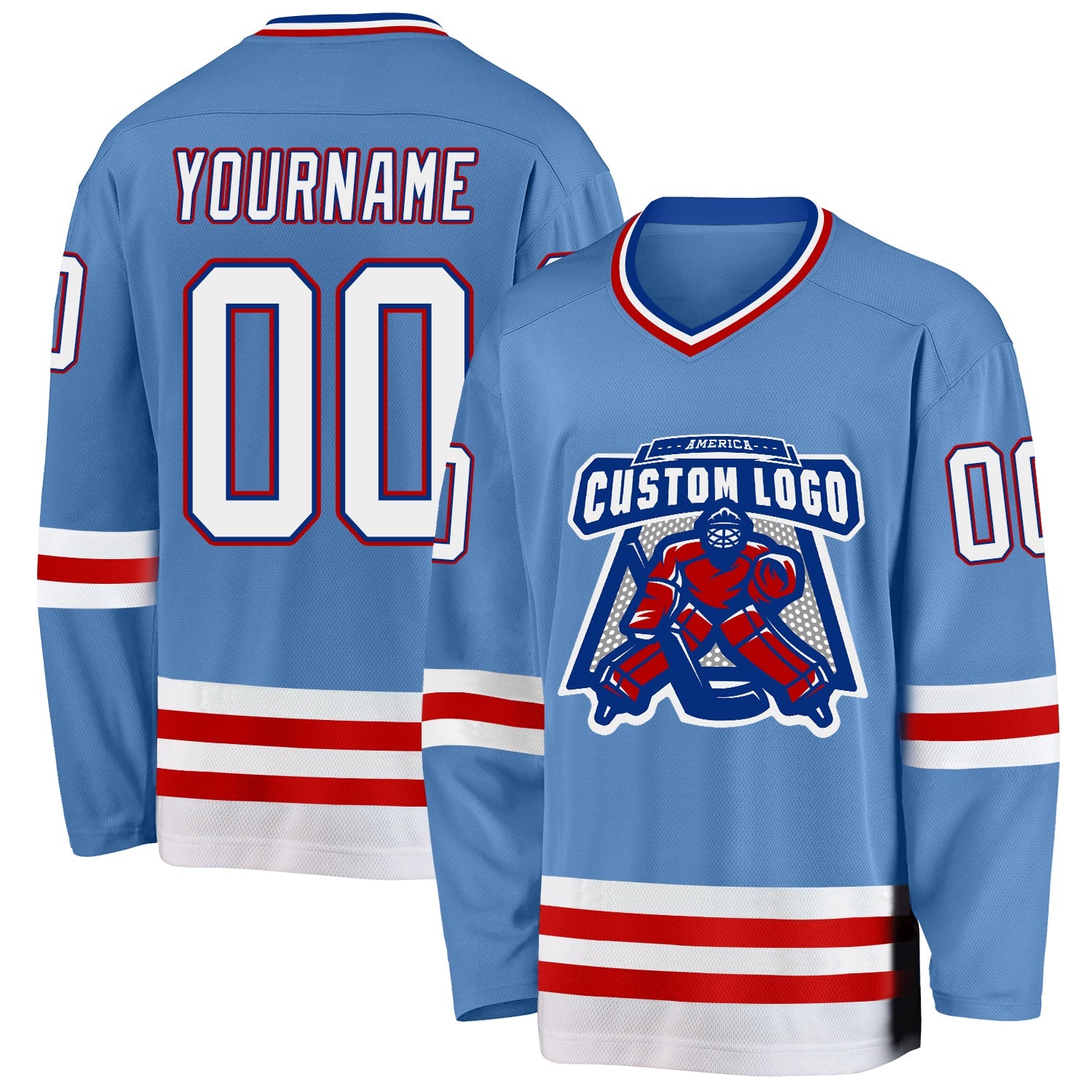 Custom Light Blue Royal-Red Hockey Jersey view 2