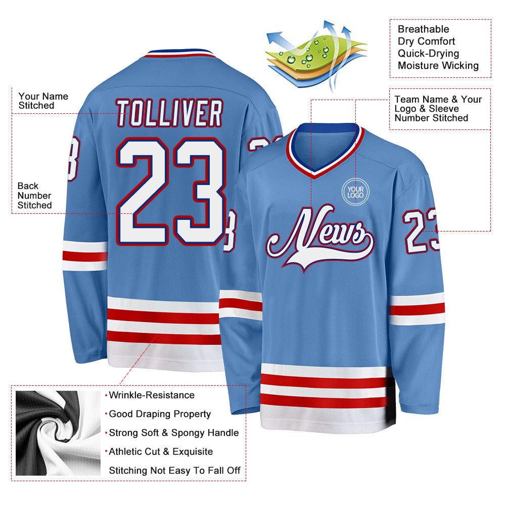 Custom Light Blue Royal-Red Hockey Jersey view 3