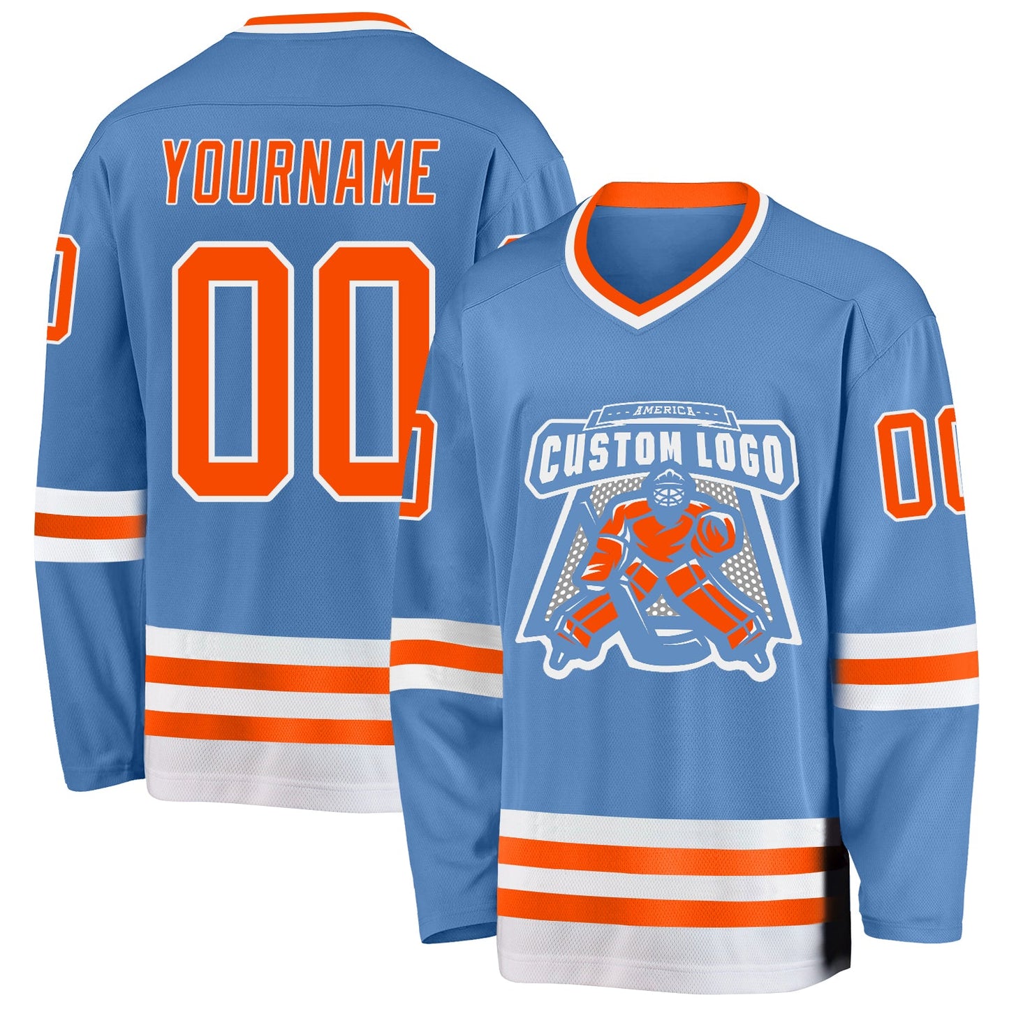 Custom Light Blue Orange-White Hockey Jersey view 2