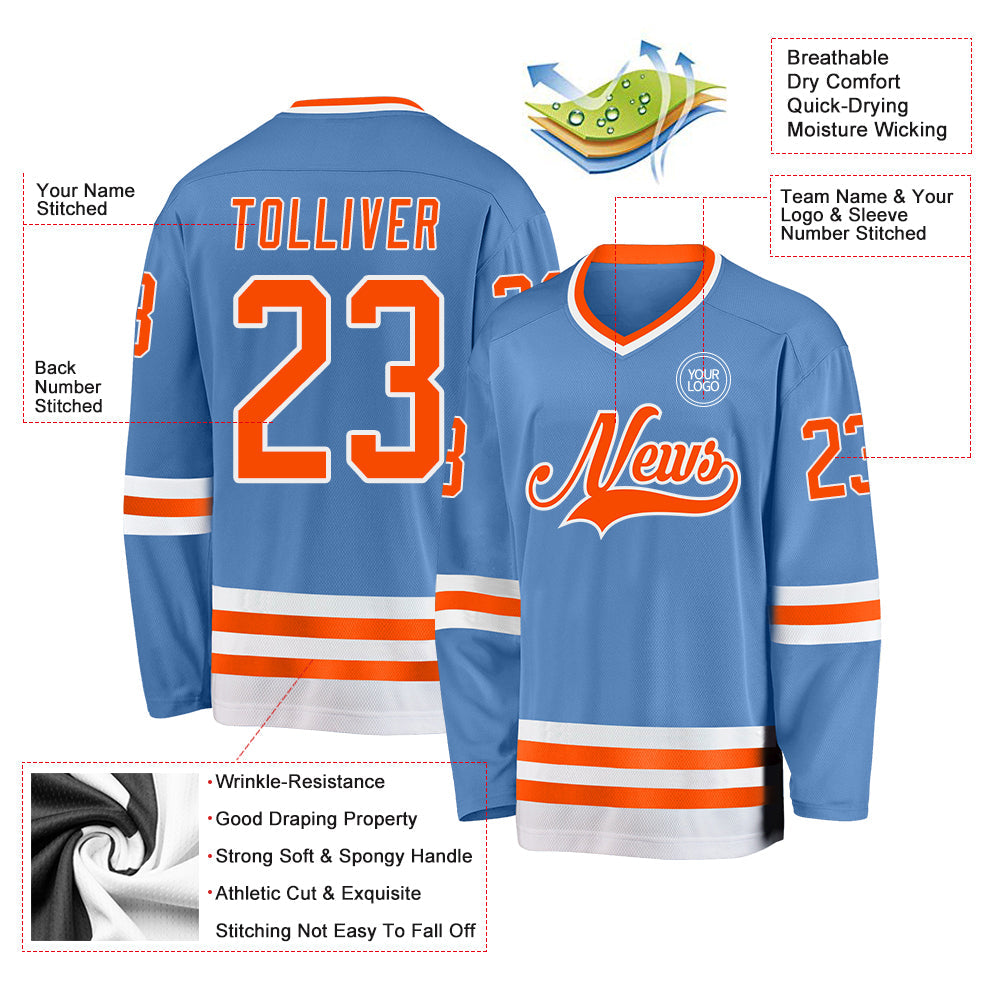 Custom Light Blue Orange-White Hockey Jersey view 3