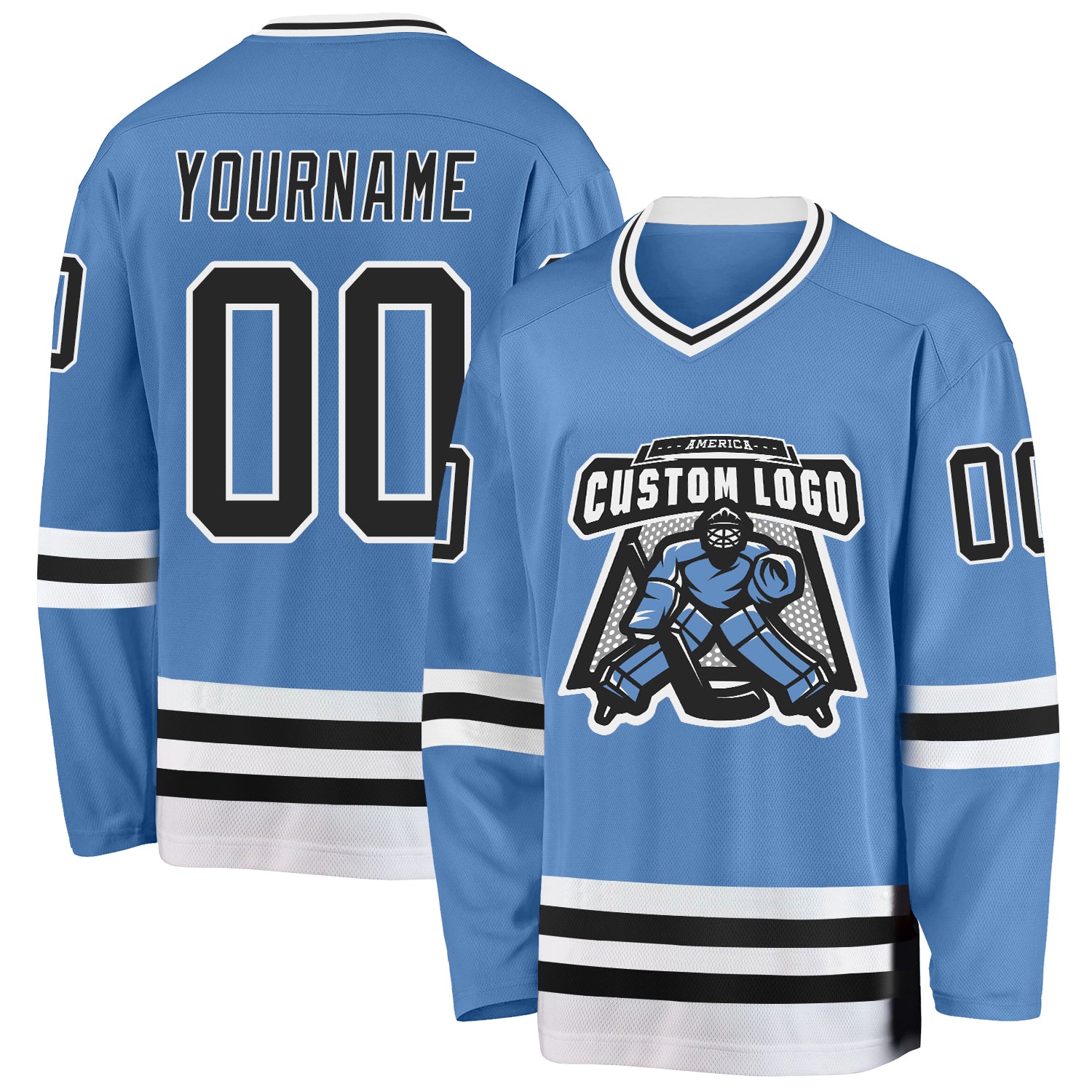 Custom Light Blue Black-White Hockey Jersey view 2