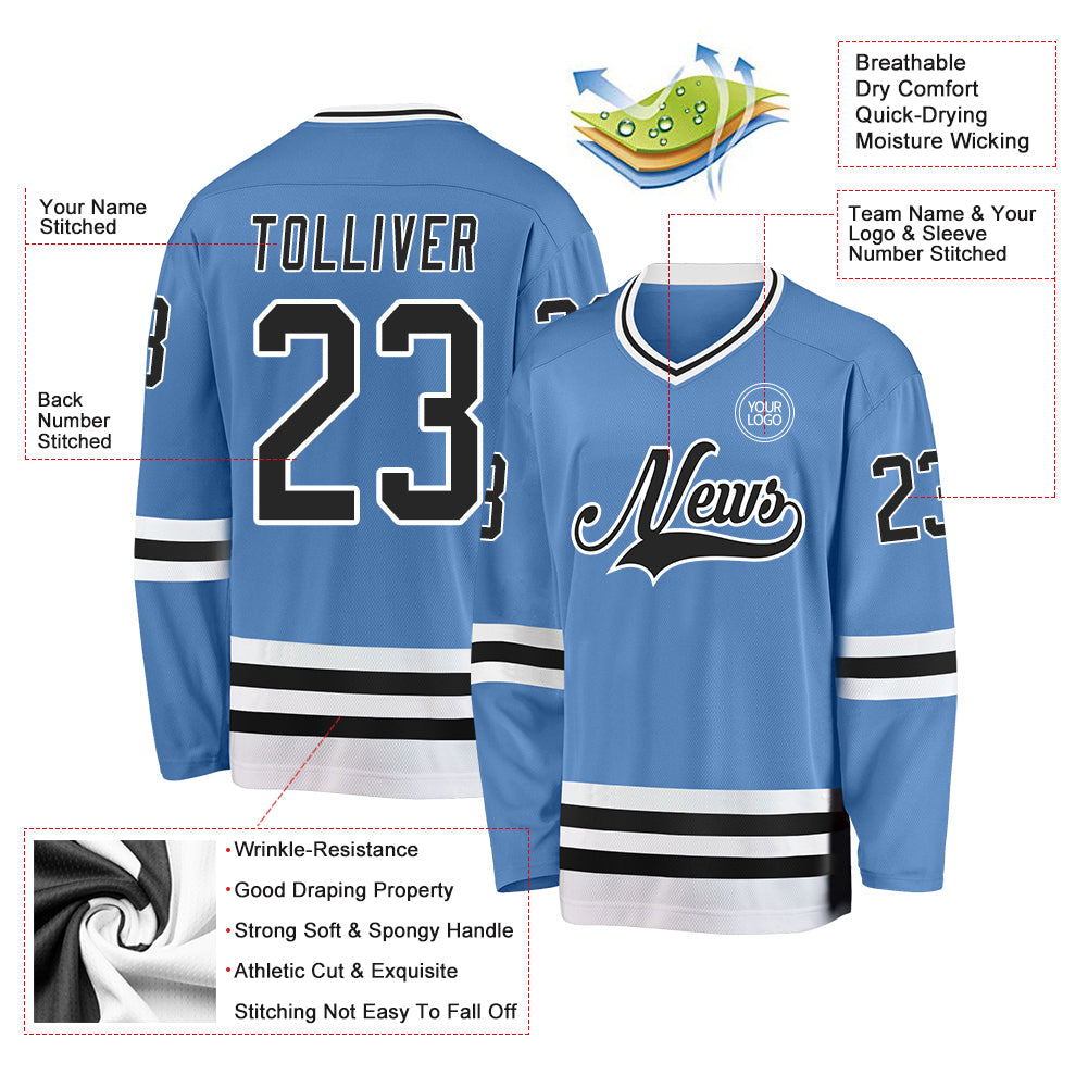 Custom Light Blue Black-White Hockey Jersey view 3
