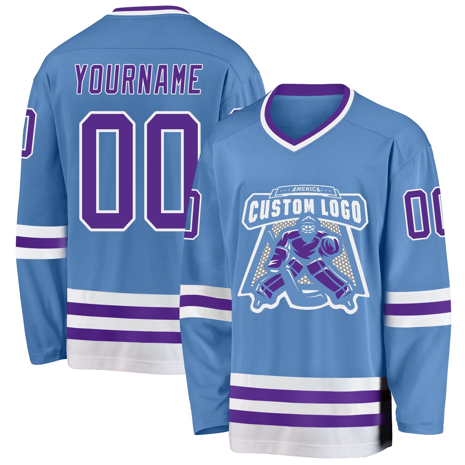 Custom Light Blue Purple-White Hockey Jersey view 2