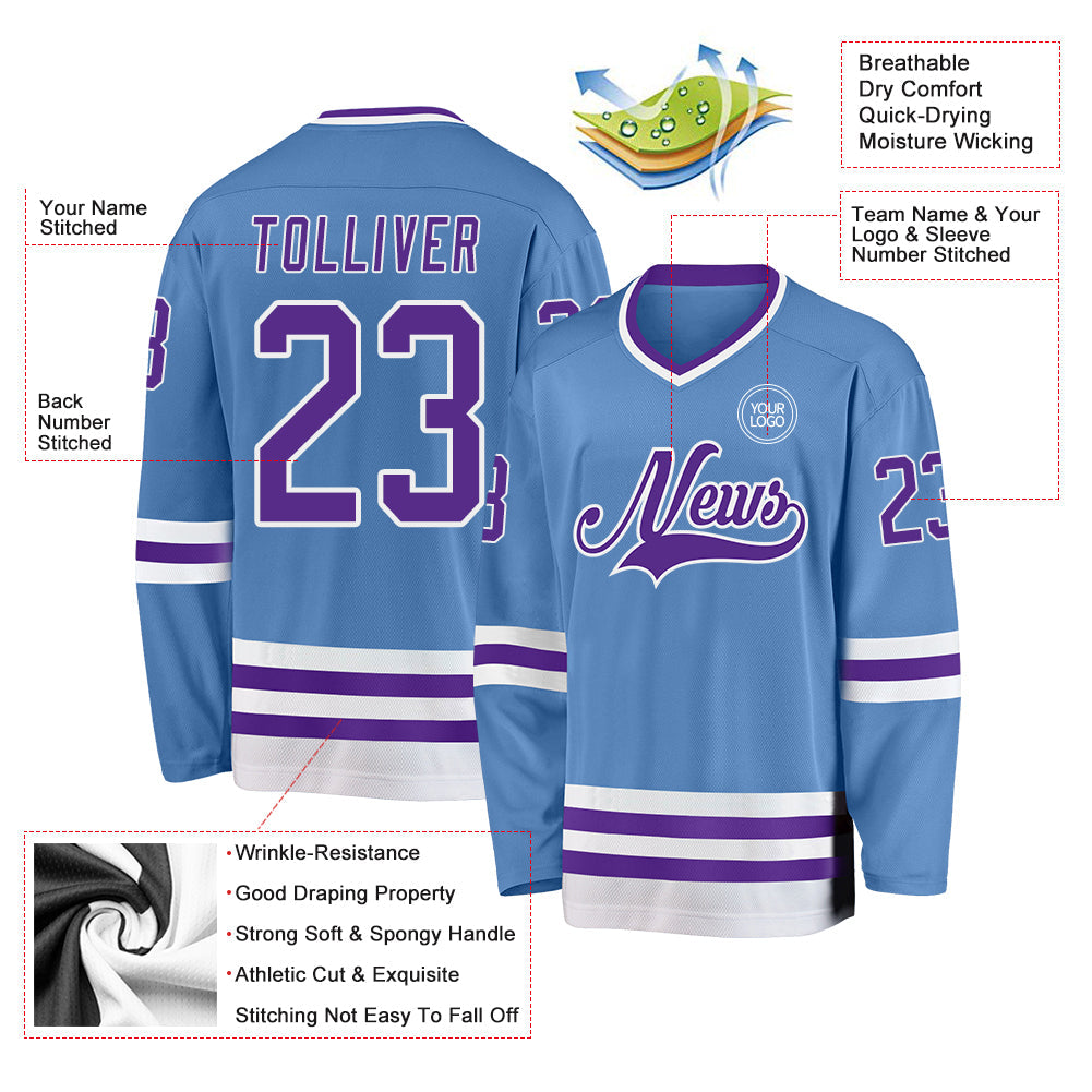 Custom Light Blue Purple-White Hockey Jersey view 3