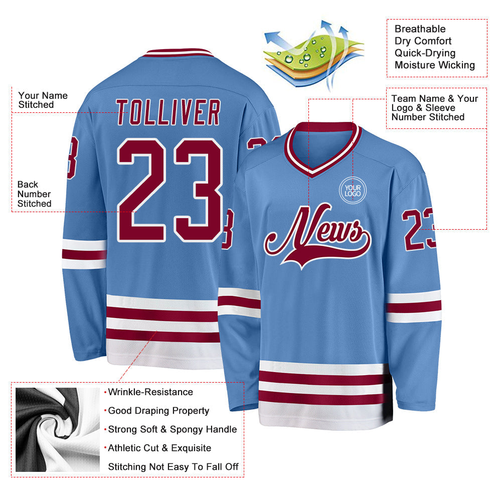 Custom Light Blue Maroon-White Hockey Jersey view 3