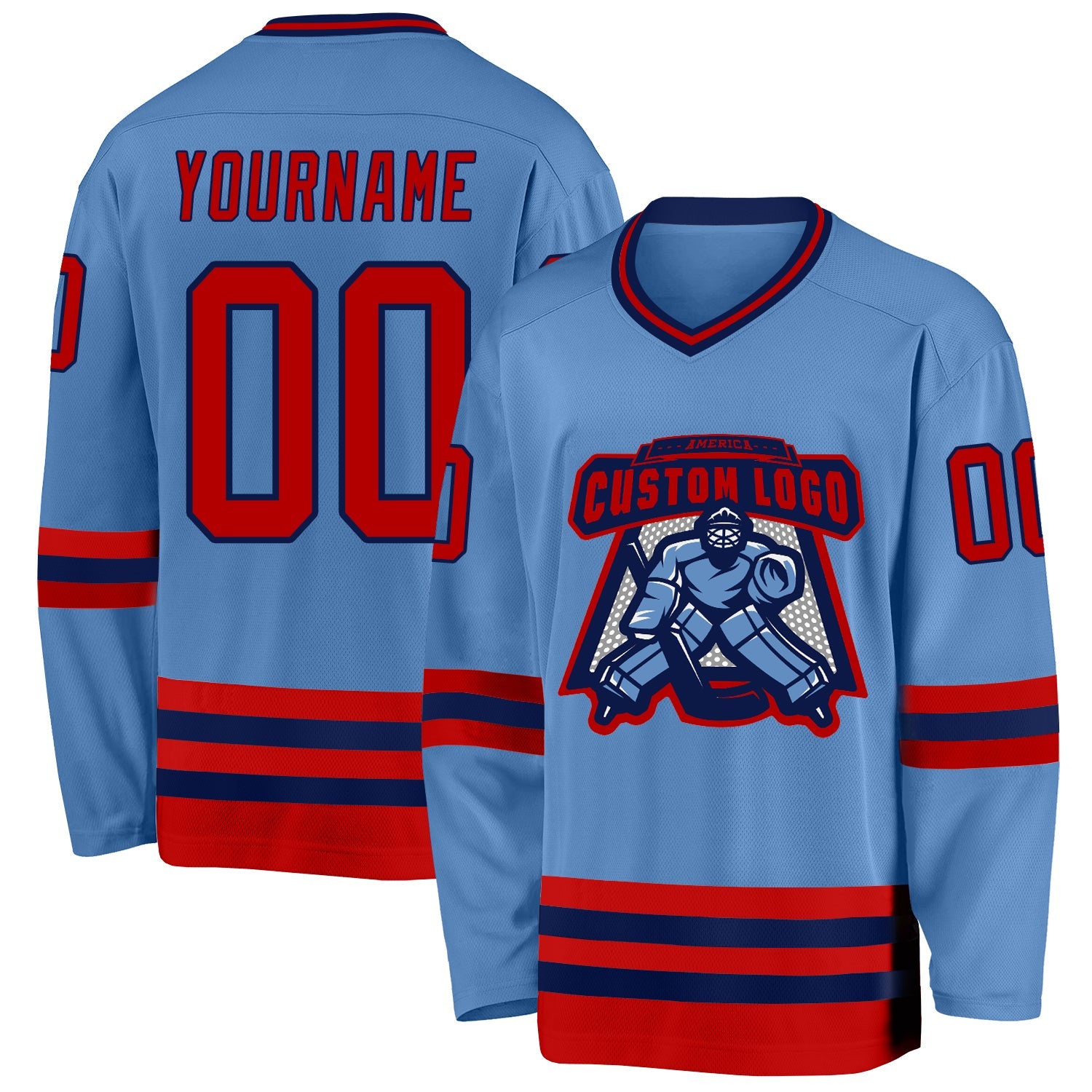 Custom Light Blue Red-Navy Hockey Jersey view 2