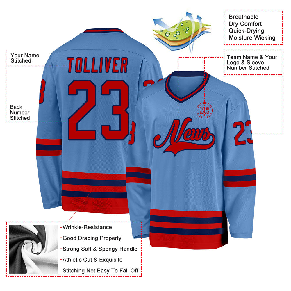 Custom Light Blue Red-Navy Hockey Jersey view 3