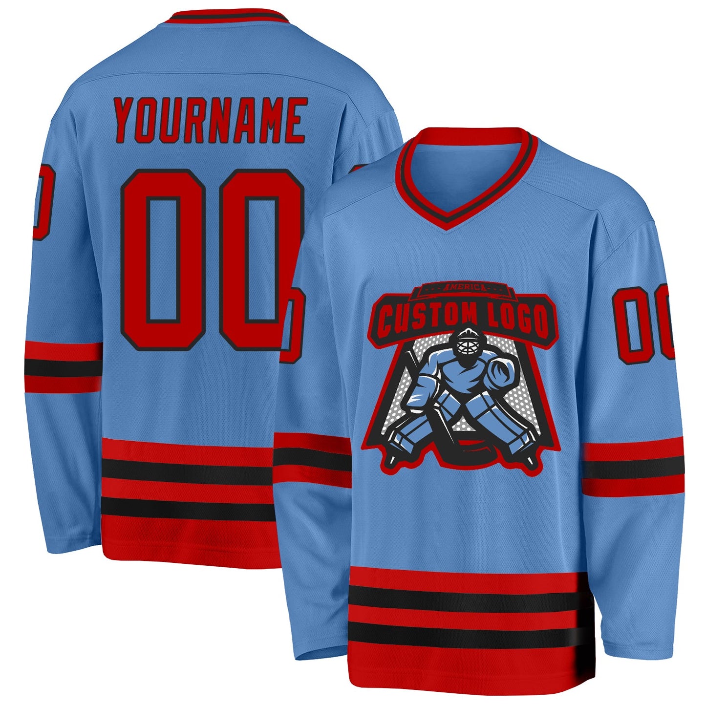 Custom Light Blue Red-Black Hockey Jersey view 2