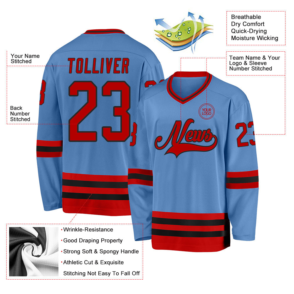 Custom Light Blue Red-Black Hockey Jersey view 3