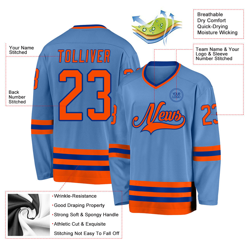 Custom Light Blue Orange-Royal Hockey Jersey view 3
