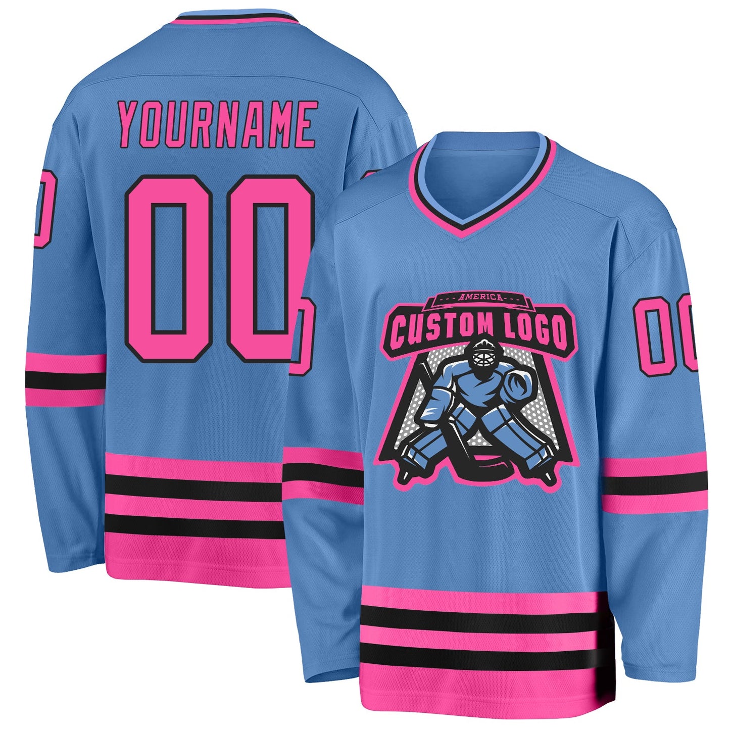 Custom Light Blue Pink-Black Hockey Jersey view 2