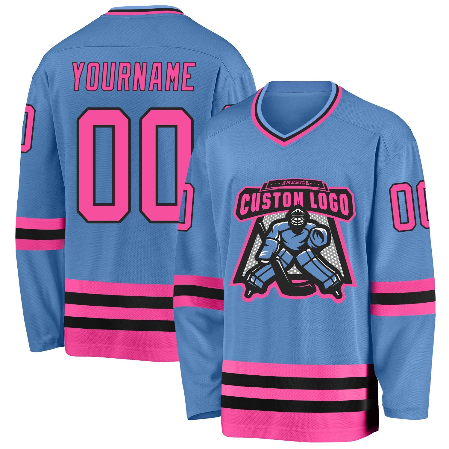 Custom Light Blue Pink-Black Hockey Jersey view 2