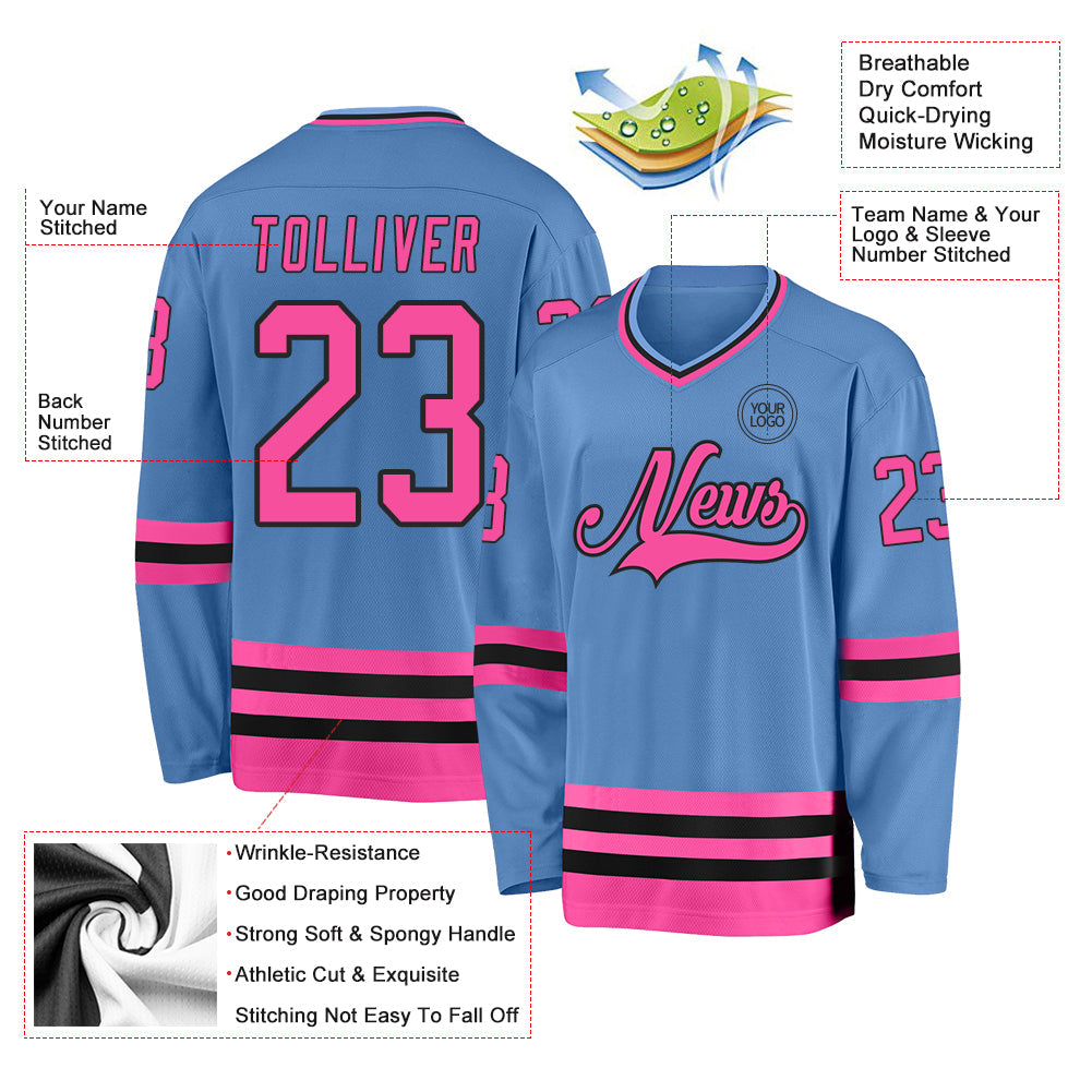 Custom Light Blue Pink-Black Hockey Jersey view 3