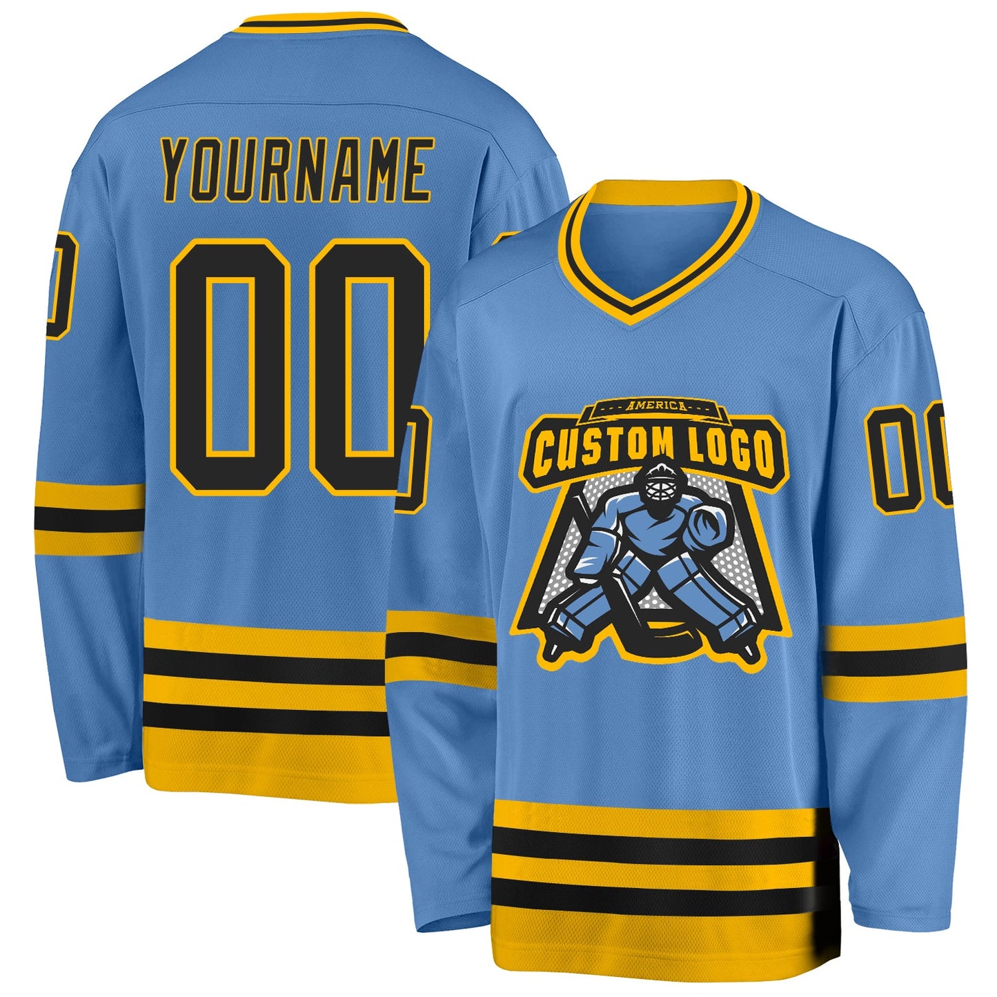 Custom Light Blue Black-Gold Hockey Jersey view 2