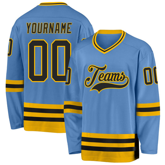 Custom Light Blue Black-Gold Hockey Jersey - Main View