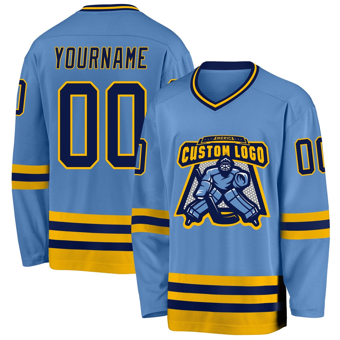 Custom Light Blue Navy-Gold Hockey Jersey view 2