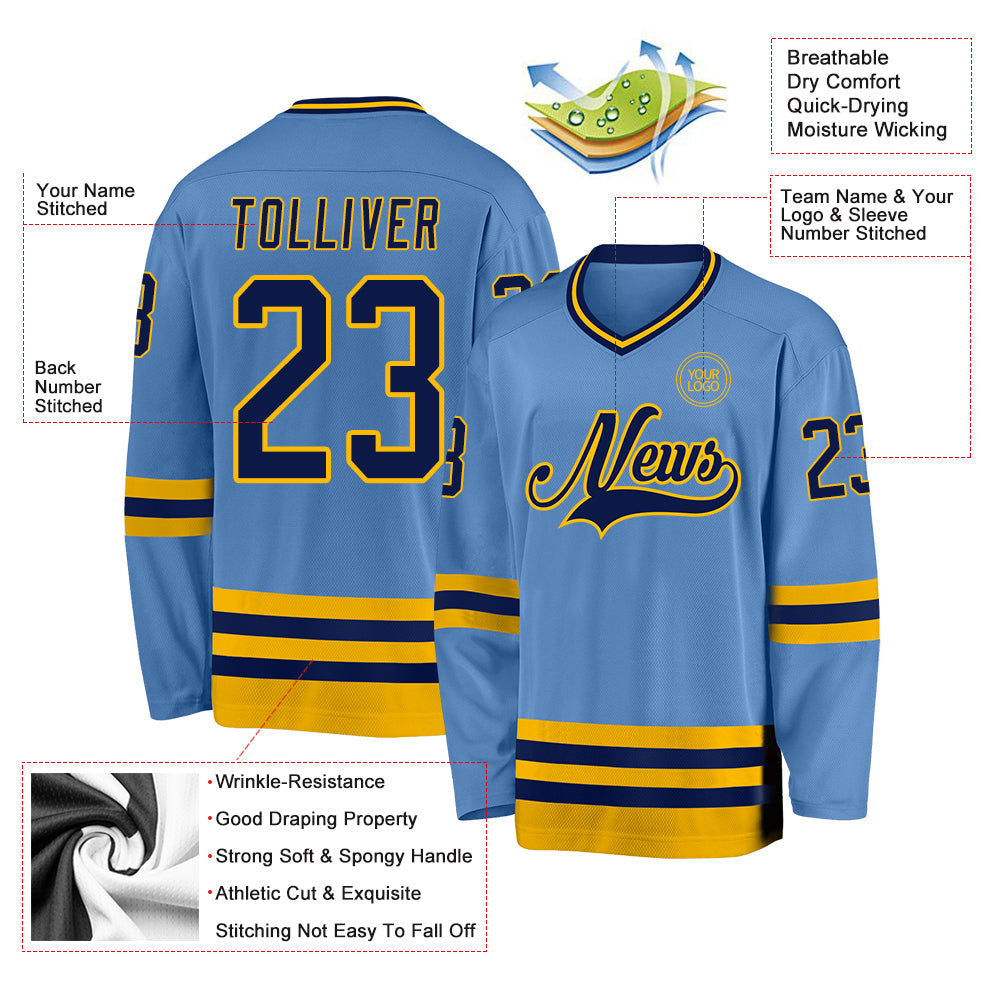 Custom Light Blue Navy-Gold Hockey Jersey view 3