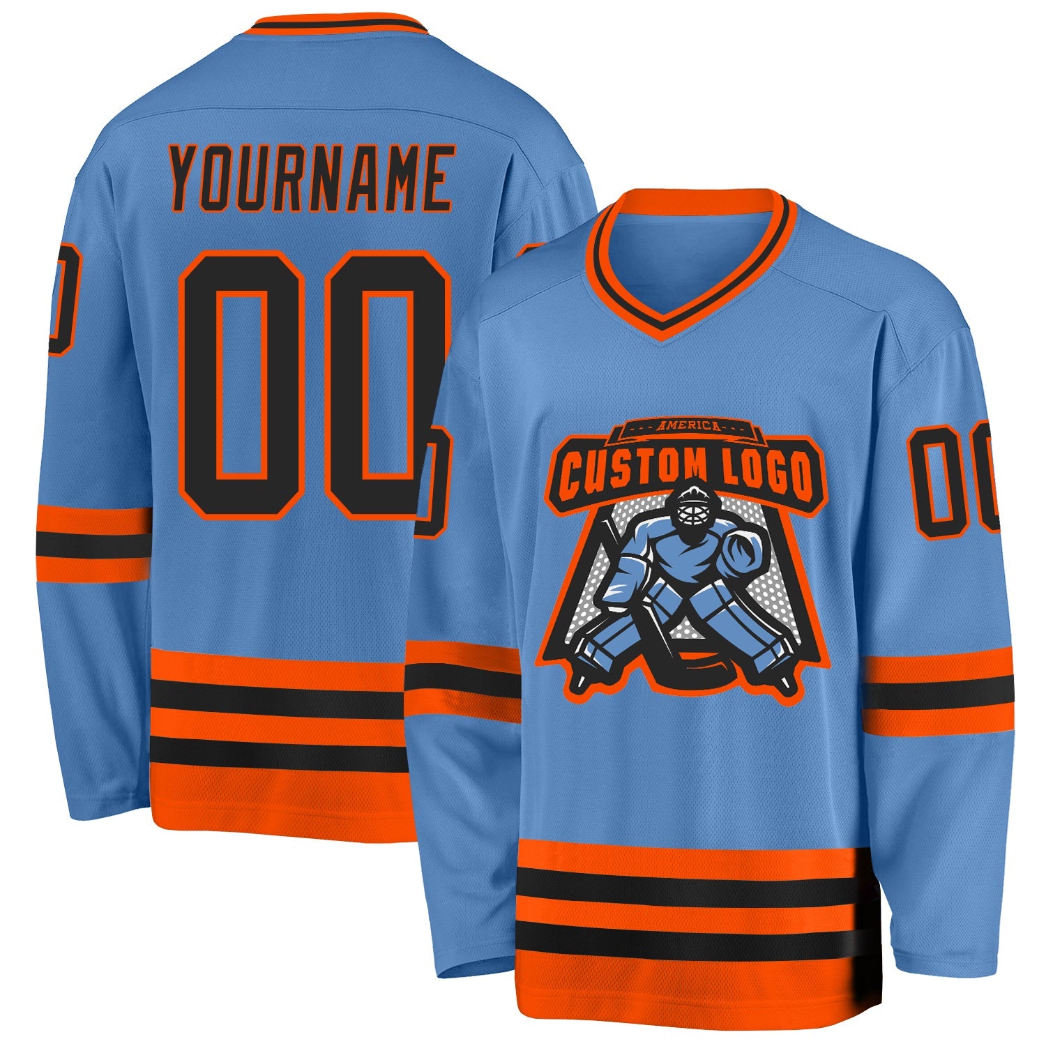 Custom Light Blue Black-Orange Hockey Jersey view 2