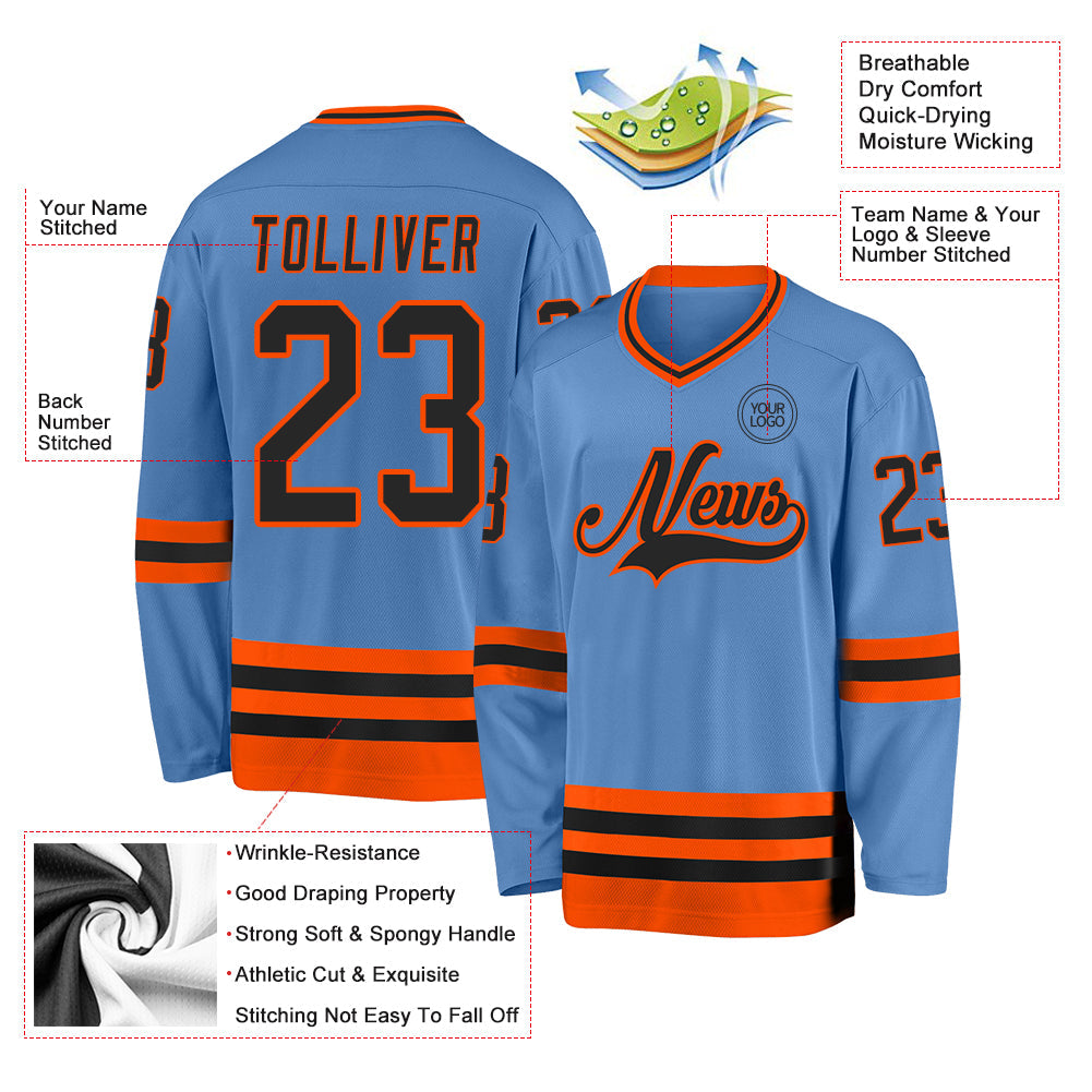 Custom Light Blue Black-Orange Hockey Jersey view 3