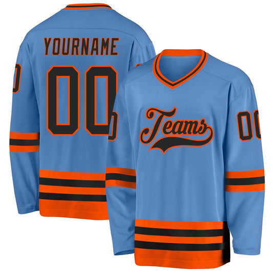 Custom Light Blue Black-Orange Hockey Jersey - Main View