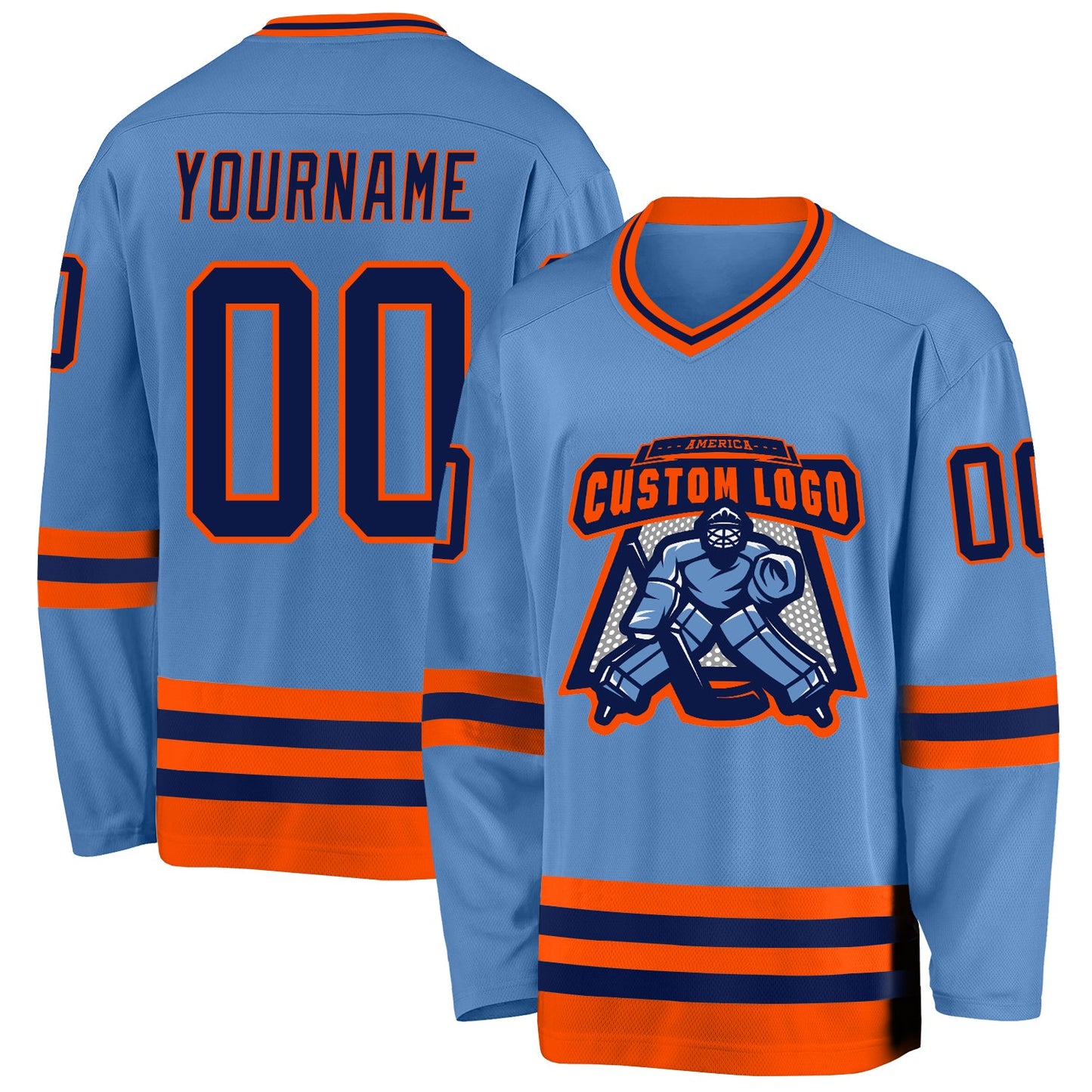 Custom Light Blue Navy-Orange Hockey Jersey view 2