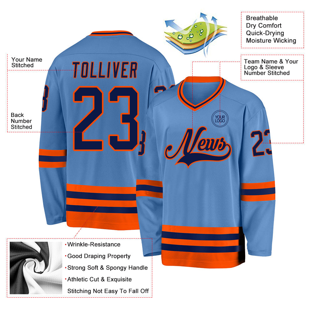 Custom Light Blue Navy-Orange Hockey Jersey view 3