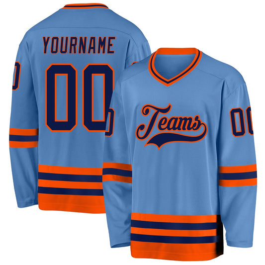 Custom Light Blue Navy-Orange Hockey Jersey - Main View