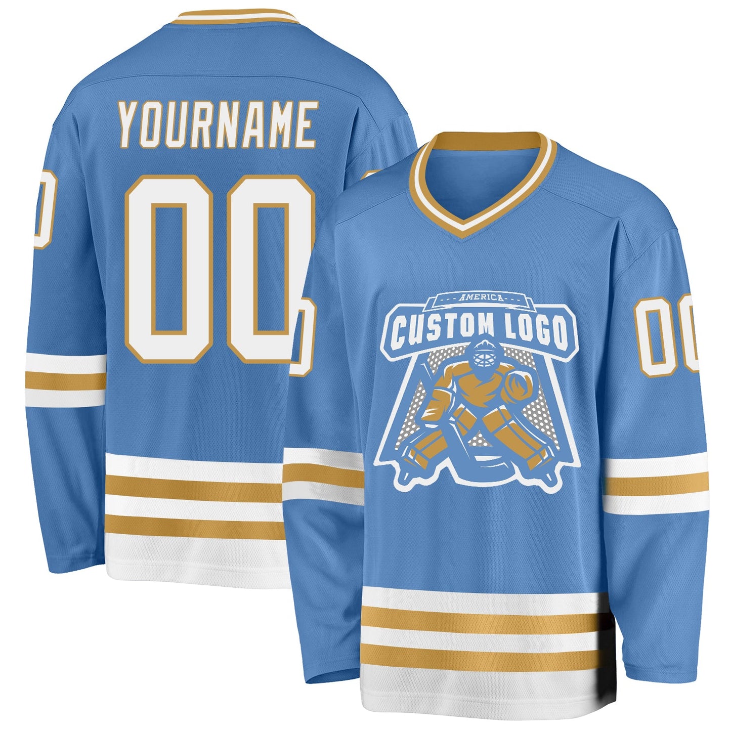 Custom Light Blue White-Old Gold Hockey Jersey view 2