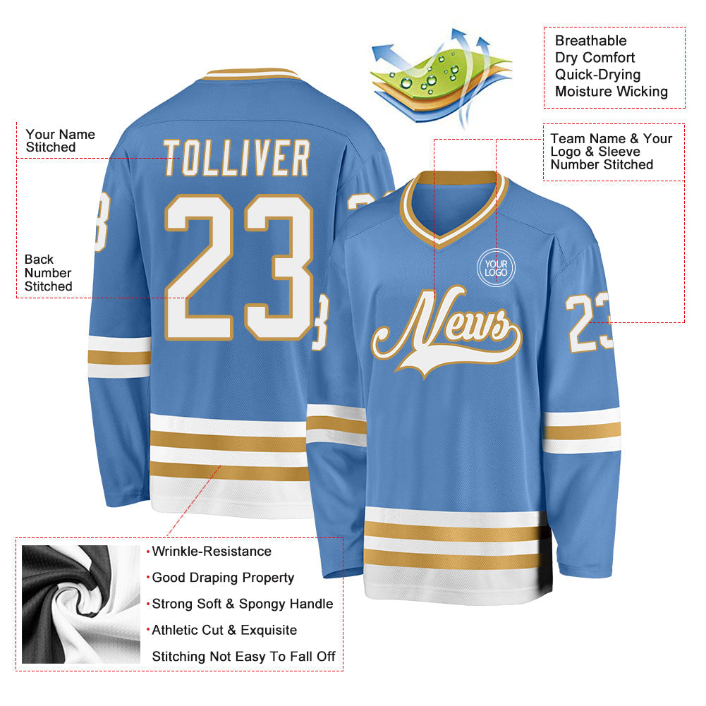 Custom Light Blue White-Old Gold Hockey Jersey view 3