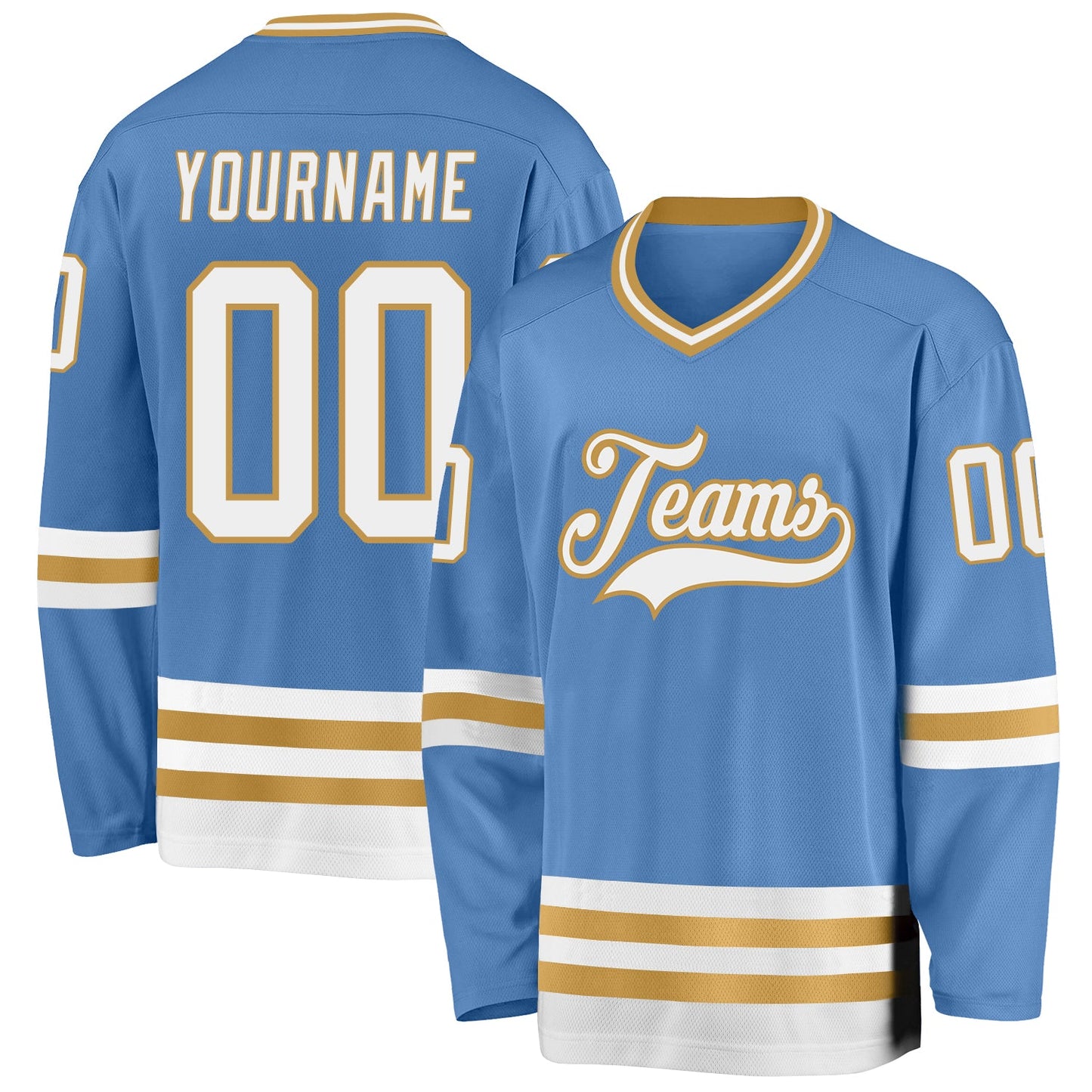 Custom Light Blue White-Old Gold Hockey Jersey - Main View